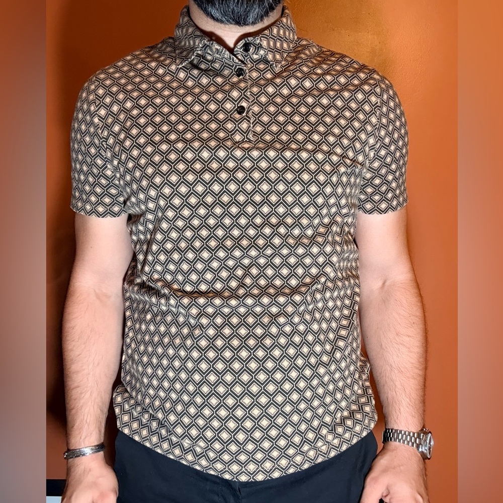 Express Men's Polo - Black and Tan Geometric - Picture 2 of 3